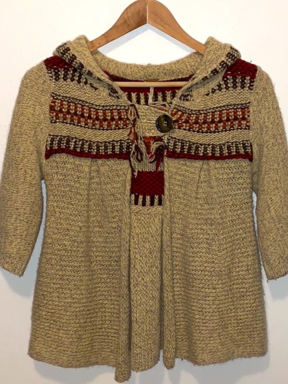 Free People Gretel Knit Hoodie Fair Isle Babydoll Chunky Wool Blend Oatmeal XS